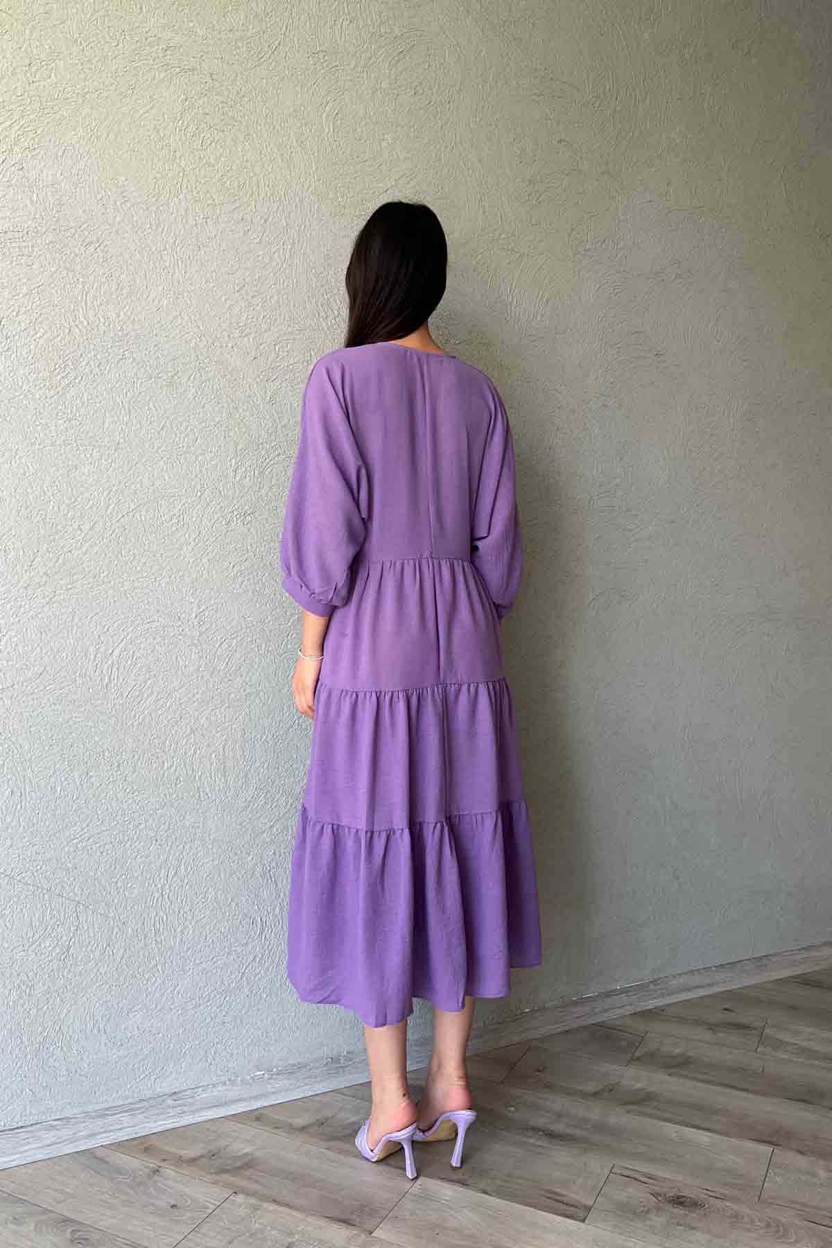 Müslin Kumaş V Yaka Rahat Kesim Mor Elbise SY-1939-Mor