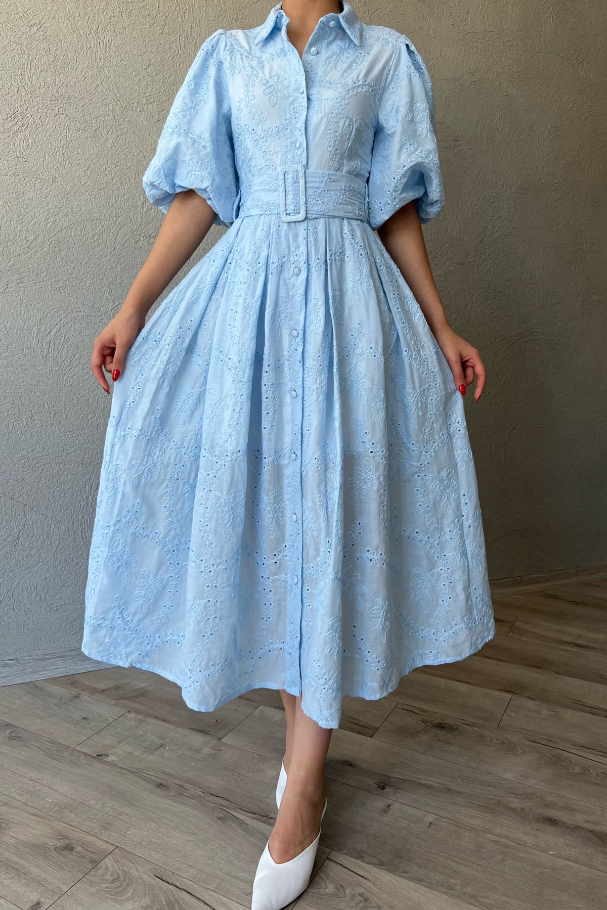 Mavi Balon Kol Pile Detaylı Kemerli Brode Elbise SY-2084-Mavi