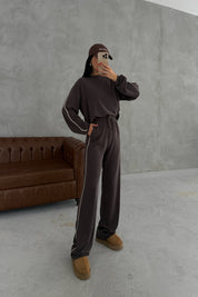 Orjinal Marka Bisiklet Yaka Çizgili Eşofman Takımı - Kahverengi SY-3421-Kahverengi