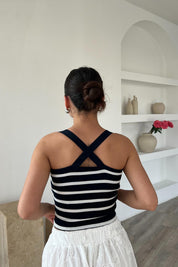 Lacivert Beyaz Çizgili Arkası Çapraz Askılı Triko Crop SY-1762-Lacivert