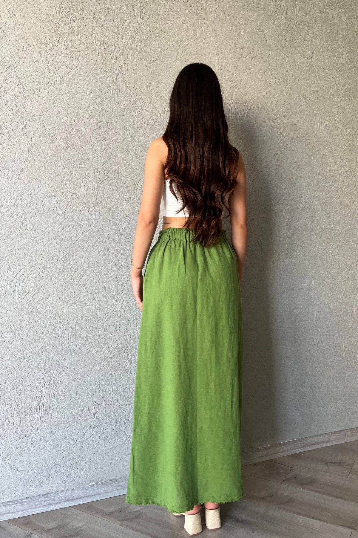 Yeşil Beli Bağlama Detaylı Uzun Keten Etek SY-2154-Yeşil