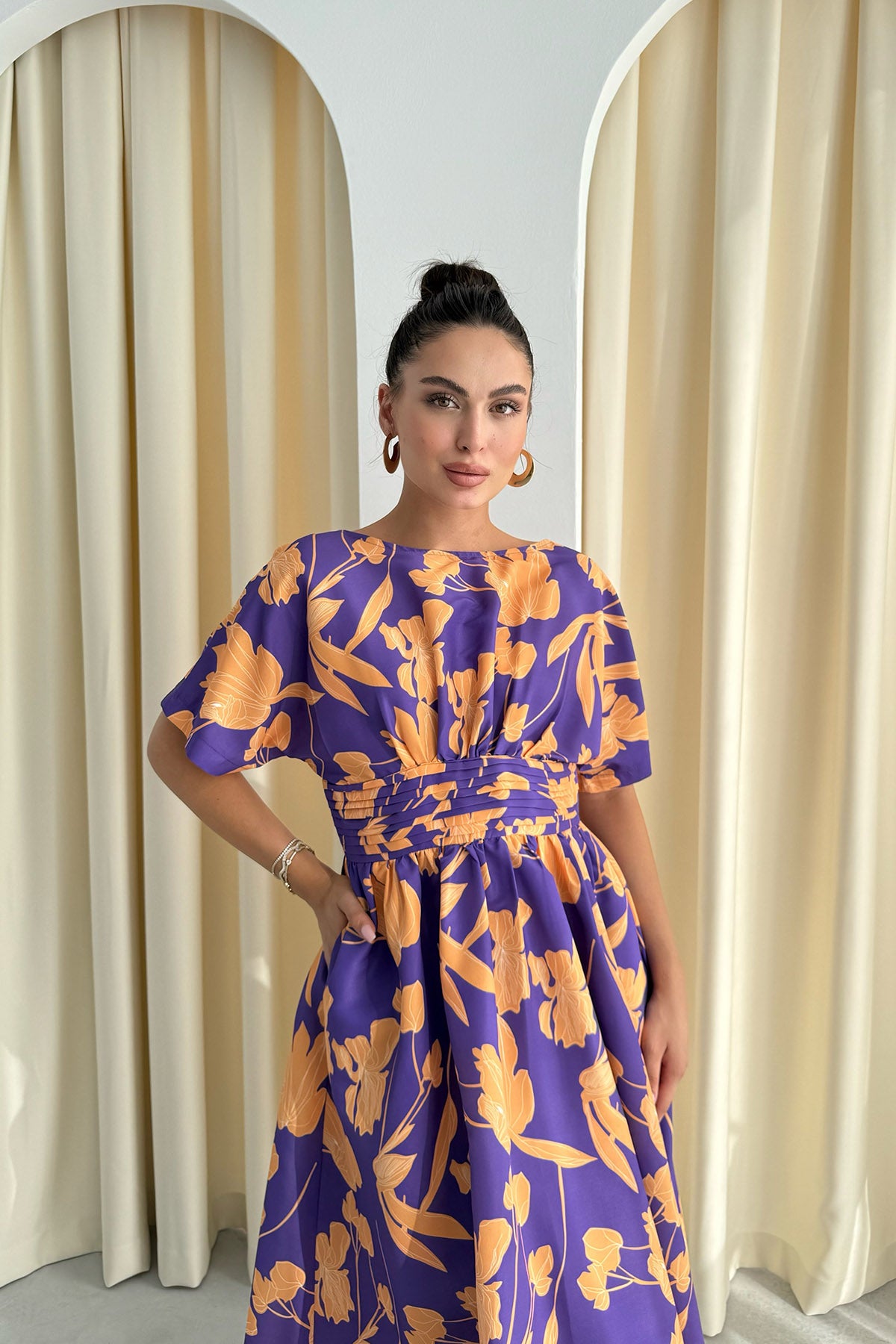 Turuncu Desenli Prenses Kalıp Midi Elbise SY-3294-Turuncu