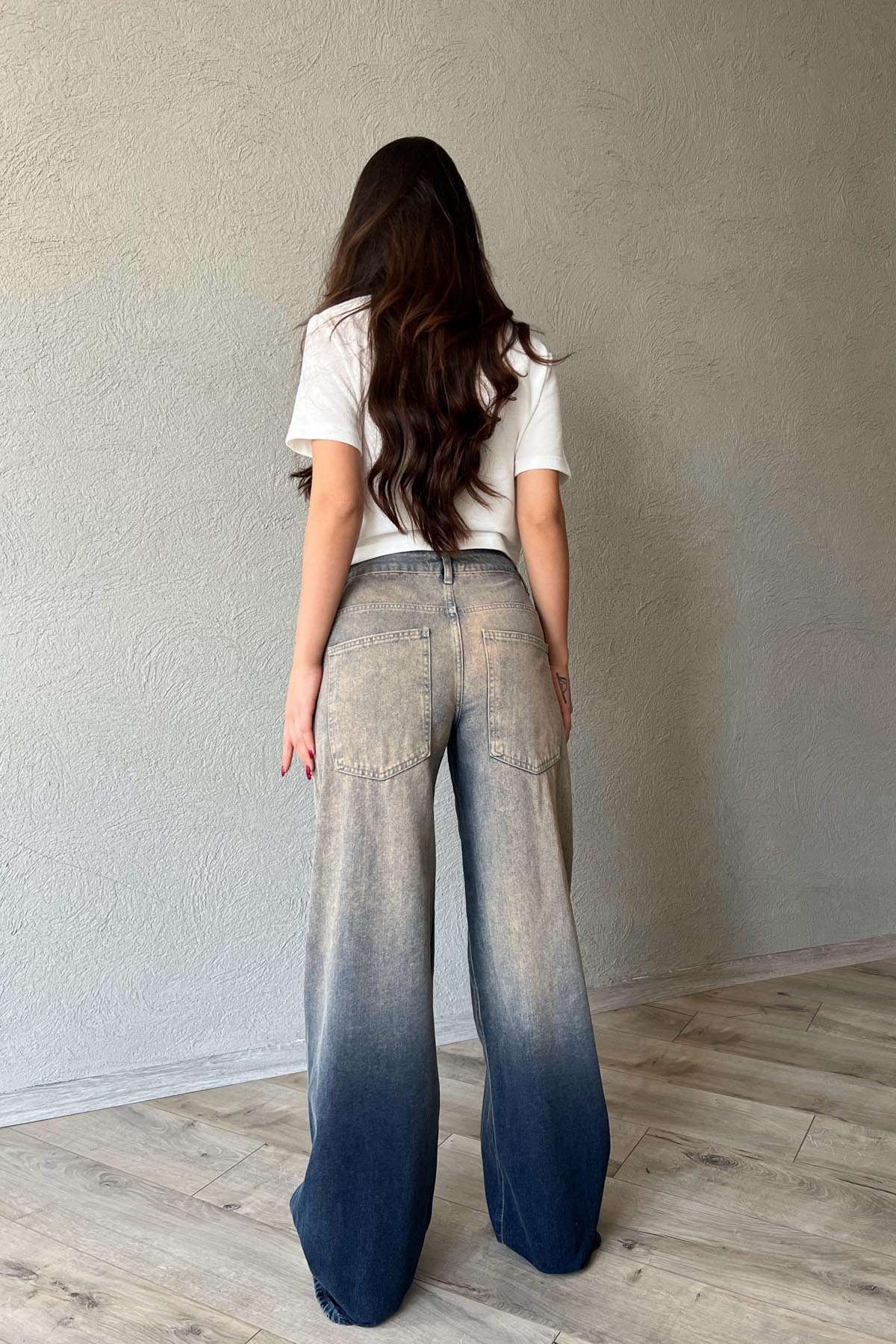 Koyu Mavi Eskitme Düşük Bel Süper Wide Leg Jean SY-1715-Koyu Mavi