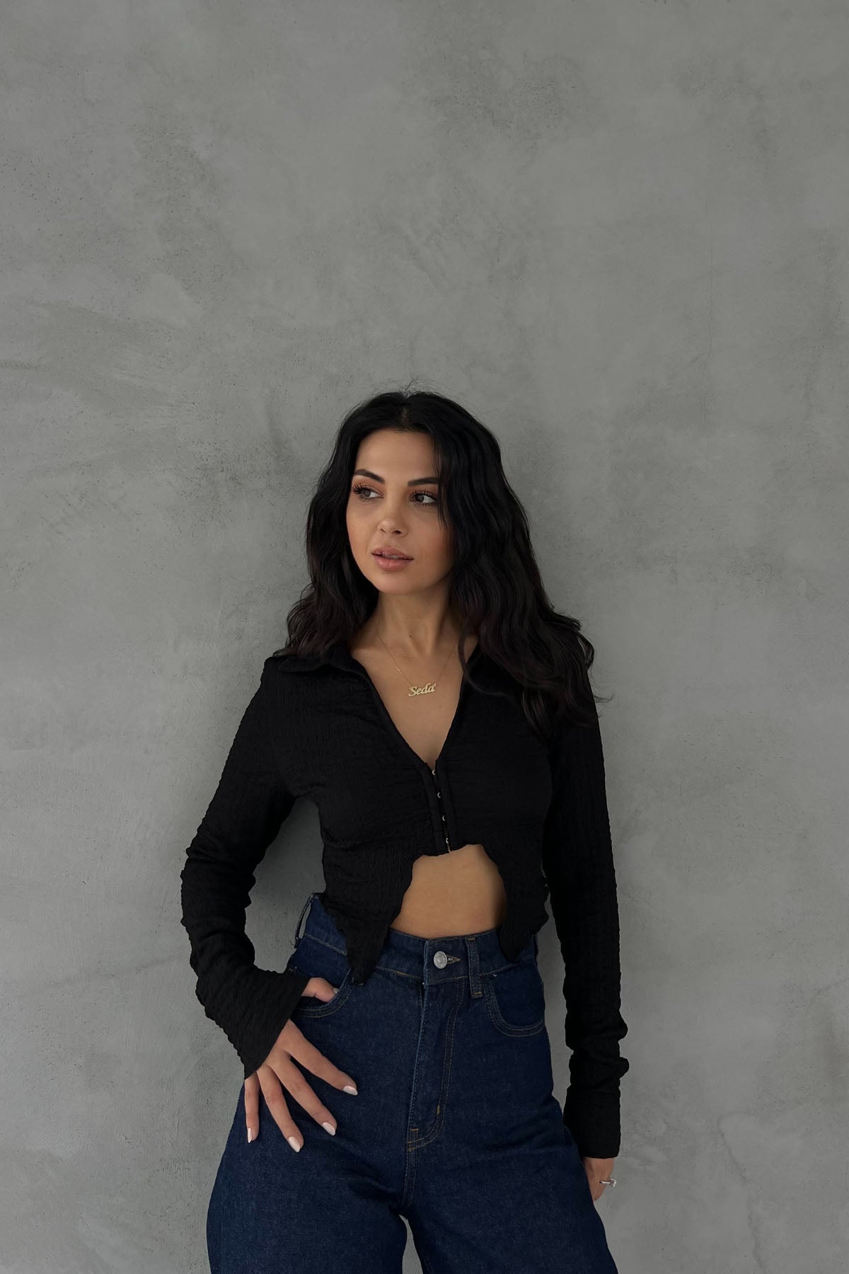 Siyah Bağlama Detaylı Crop Bluz SY-2417-Siyah