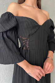 Siyah Düşük Kol Balenli  Gofre Kumaş Uzun Elbise SY-1779-Siyah