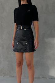 Siyah Kemerli Gizli Cep Detaylı Deri Etek SY-2485-Siyah