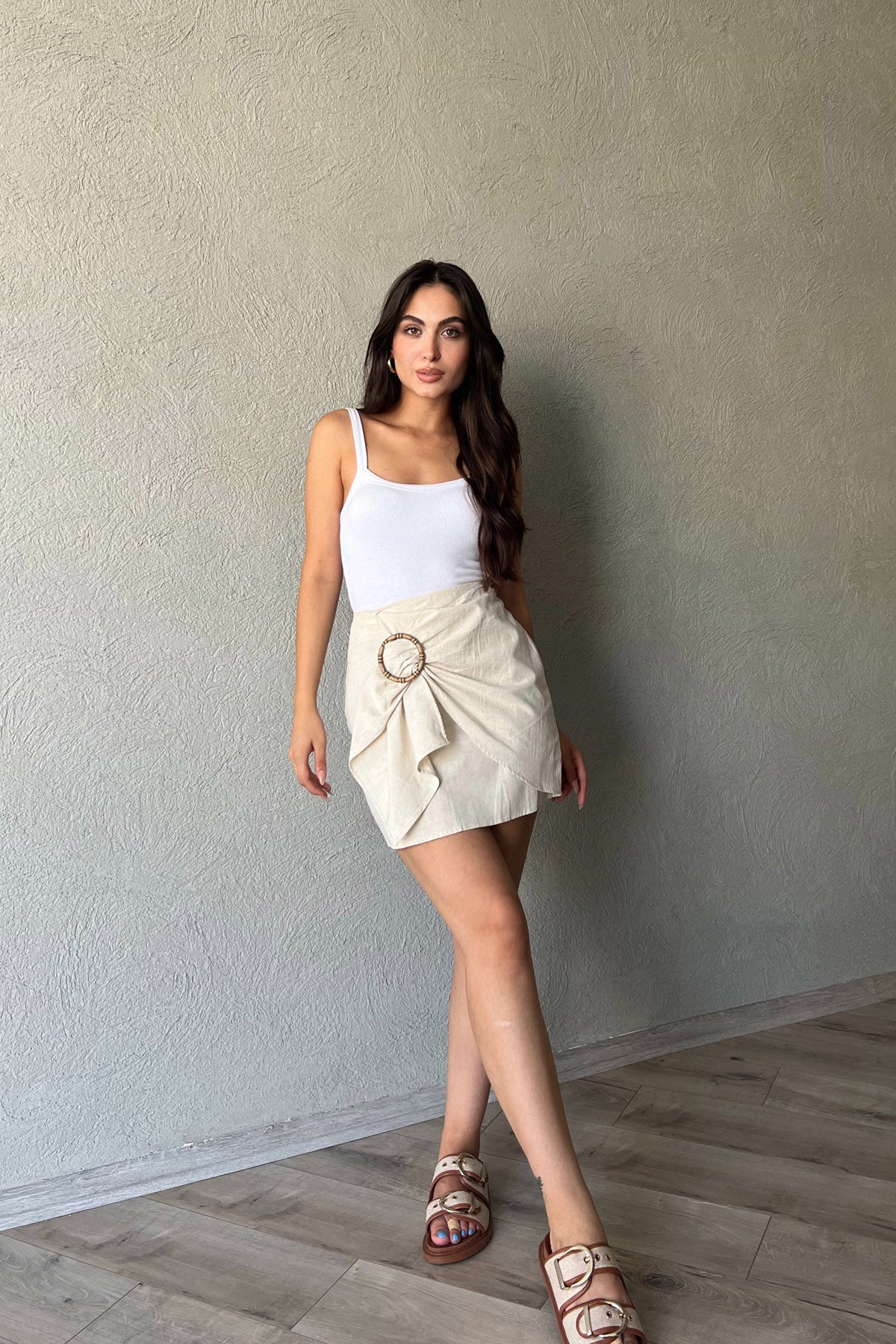 Bej Toka Detaylı Keten Mini Etek SY-2290-Bej