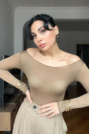 Camel Kayık Yaka Transparan Body SY-2994-Camel