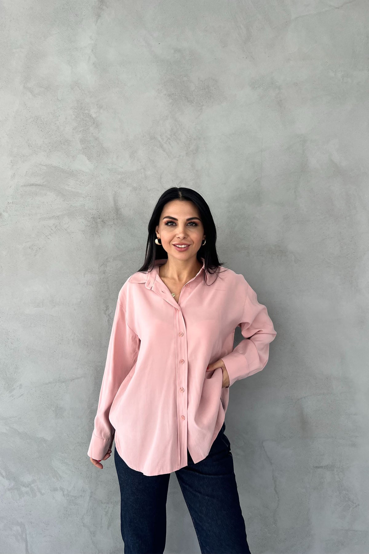 Pudra Modal Kumaş Uzun Kol Basic Gömlek SY-2487-Pudra