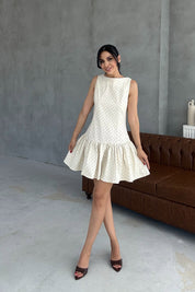 Bej Sırt Dekolteli Puantiyeli Mini Elbise SY-3256-Bej