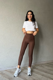 Kahve Yüksek Bel Biker Uzun Tayt SY-2656-Kahve