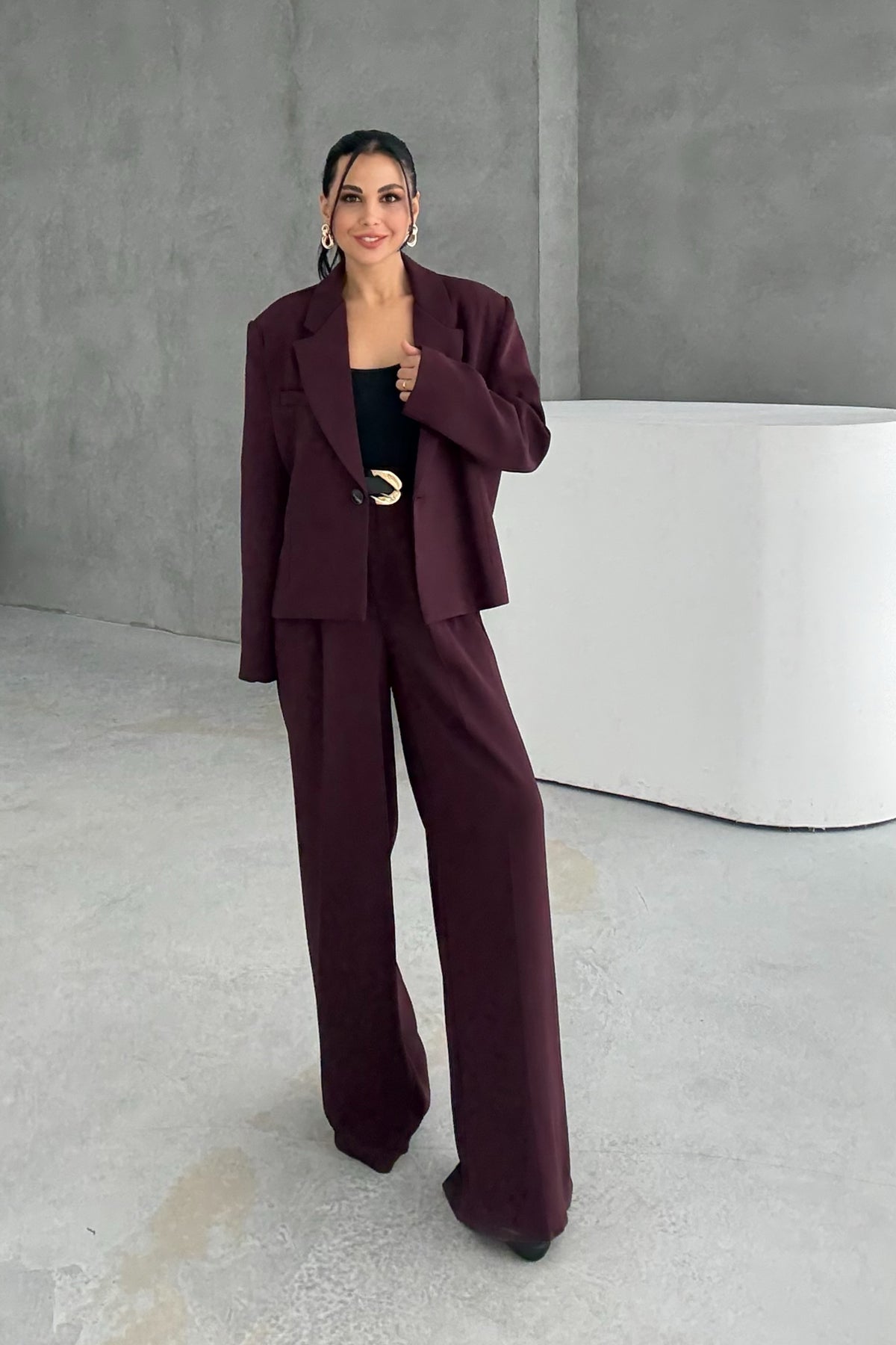 Mürdüm Oversize Tek Düğmeli Ceket Pantolon Takım SY-3389-Mürdüm