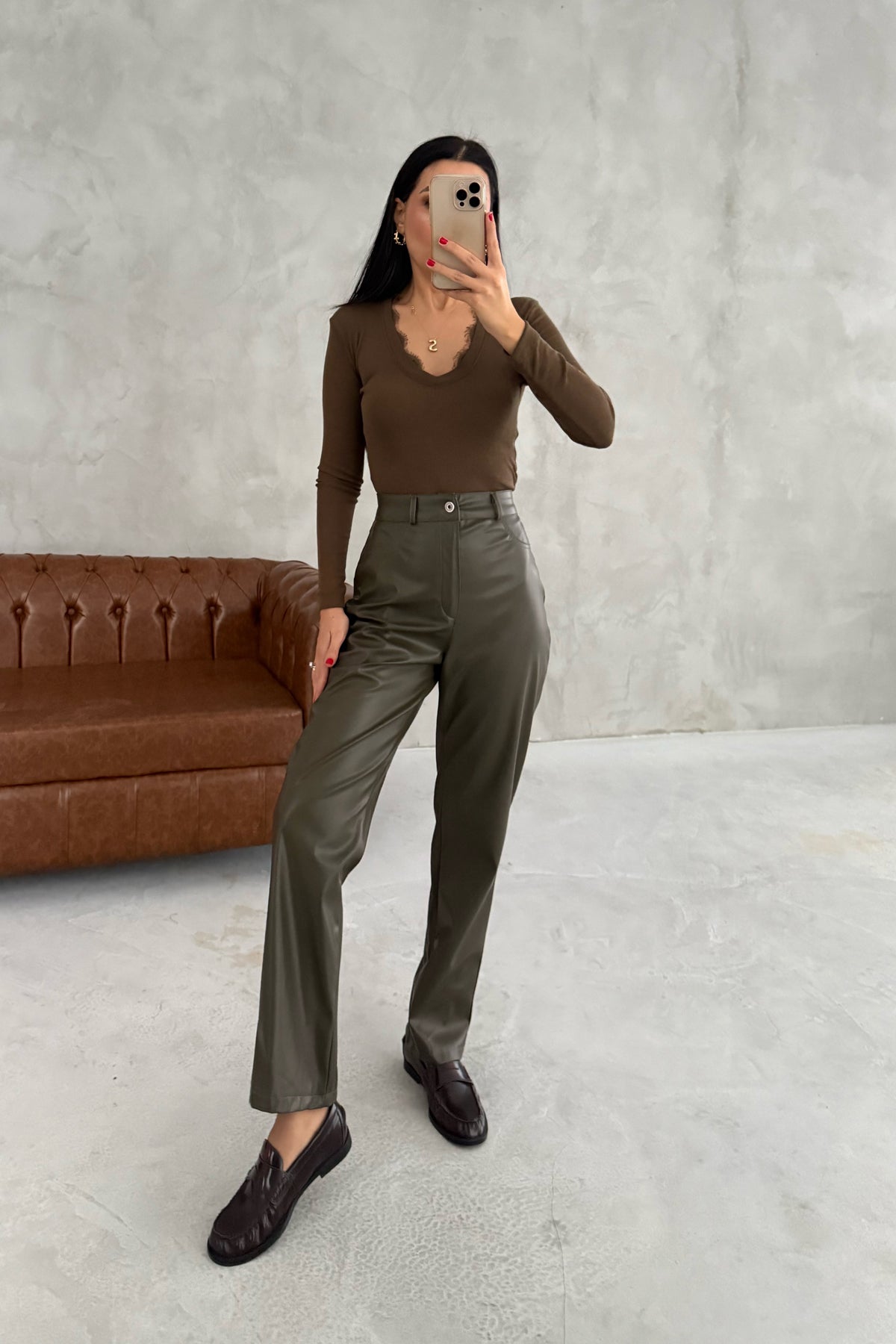 Haki Deri Düz Kesim Pantolon SY-3453-Haki
