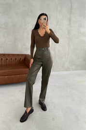 Haki Deri Düz Kesim Pantolon SY-3453-Haki