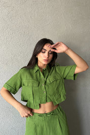 Yeşil Premium Keten Crop Gömlek SY-2216-Yeşil
