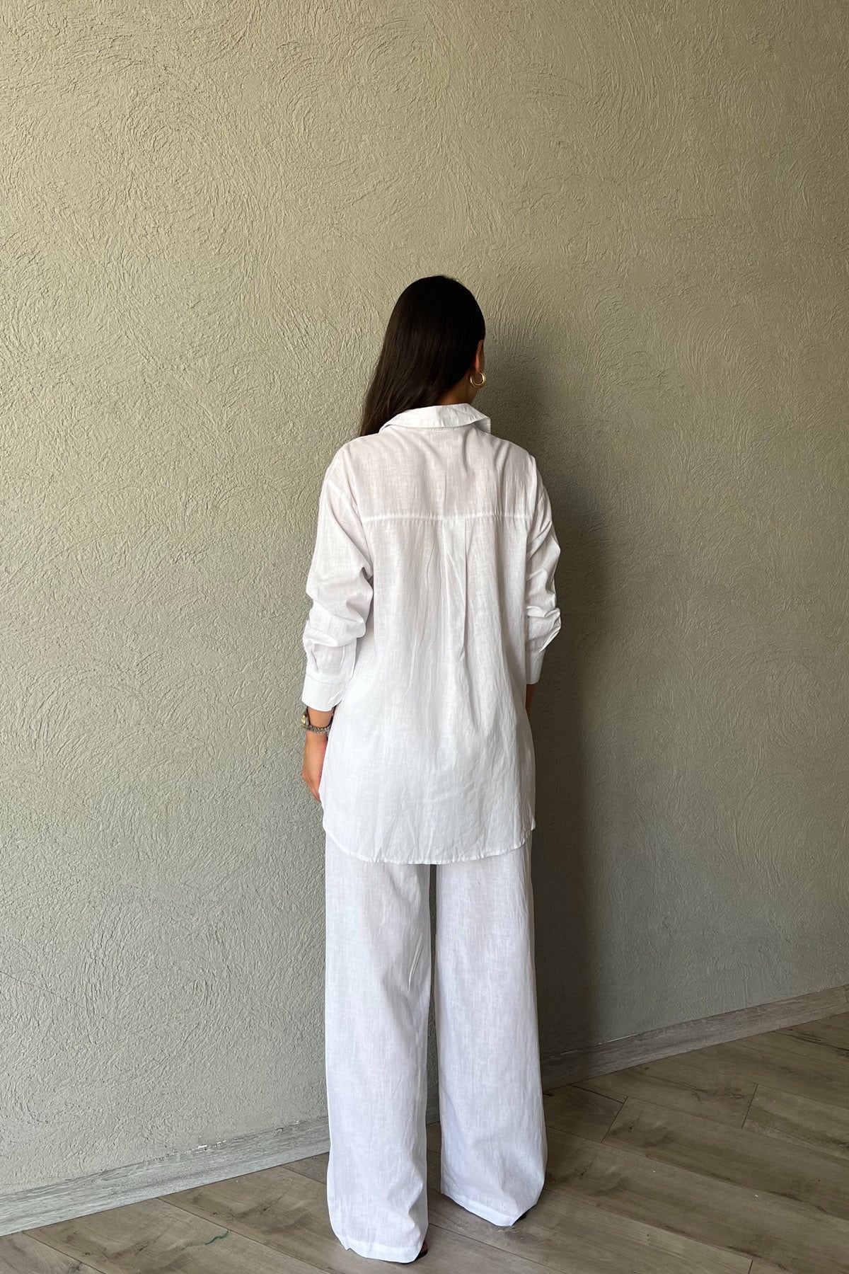 Beyaz Keten Gömlek Pantolon Takım SY-2246-Beyaz