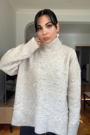 Bej İnci Detaylı Yarım Balıkçı Triko Kazak SY-2741-Bej