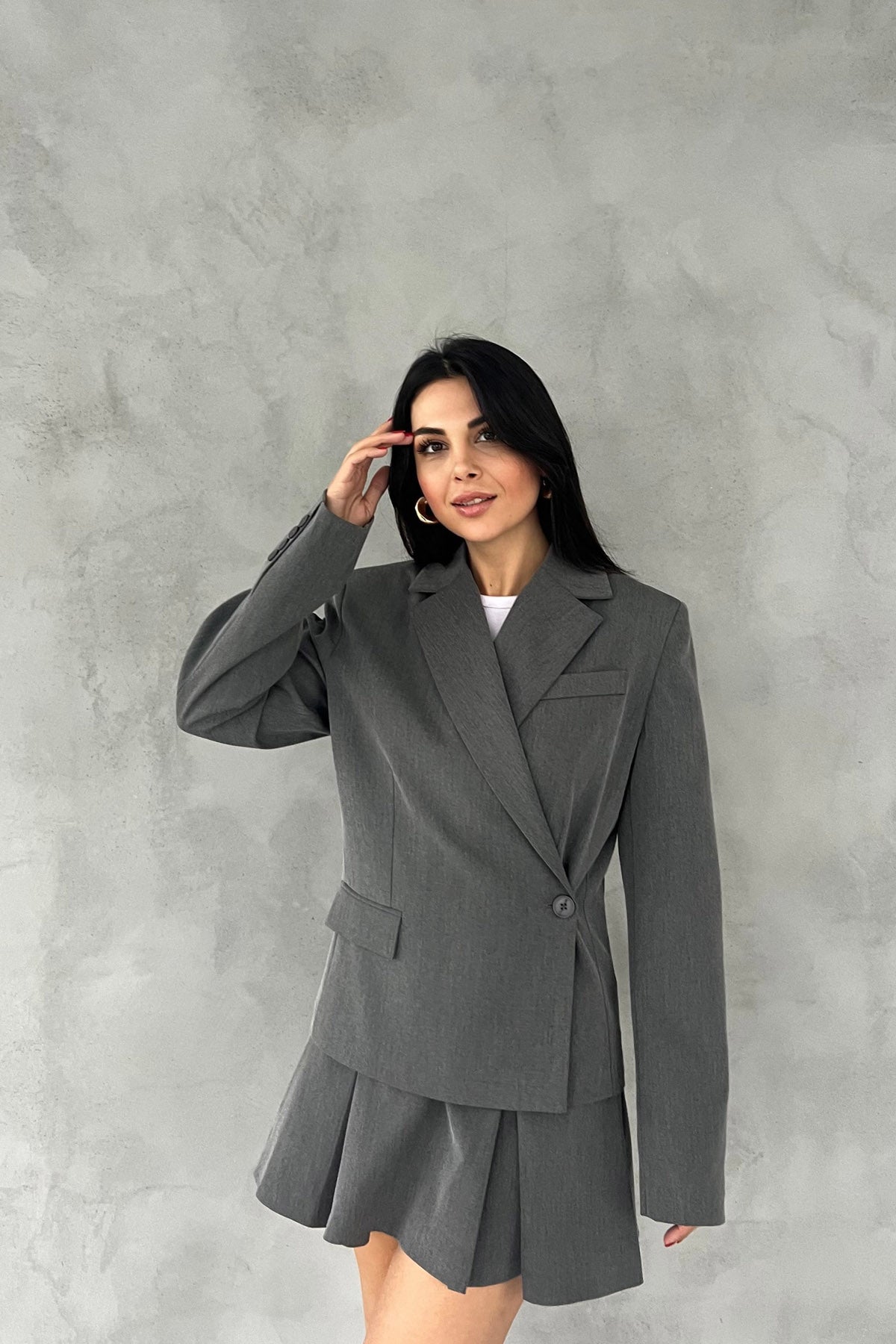 Gri Kruvaze Yandan Düğmeli Blazer Ceket SY-2546-Gri