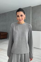 Gri Rahat Kesim Pile Detaylı Eşofman Alt Ve üst Takım SY-3435-Gri