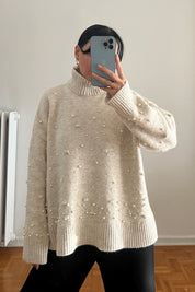 Bej İnci Detaylı Yarım Balıkçı Triko Kazak SY-2741-Bej