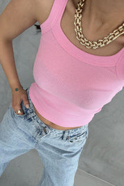 Pembe Slim Fit Dar Kesim U Yaka Fitilli Atlet SY-3171-Pembe