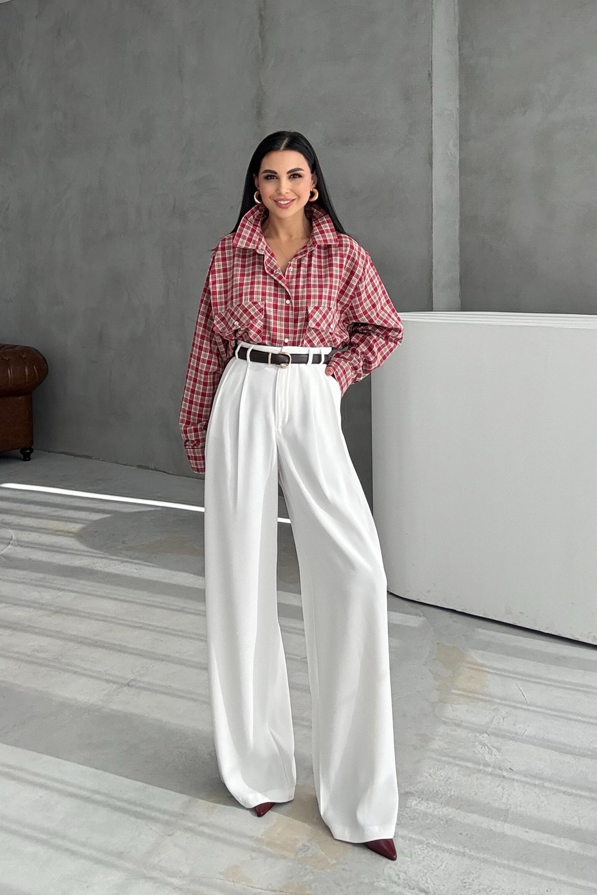 Kadın Kırmızı Ekoseli Cepli Uzun Kollu Gömlek SY-3438-Kırmızı