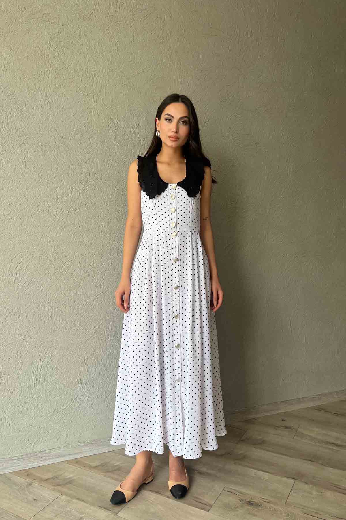 Beyaz Dantel Yaka Puantiyeli Tasarım Elbise SY-0638-Beyaz