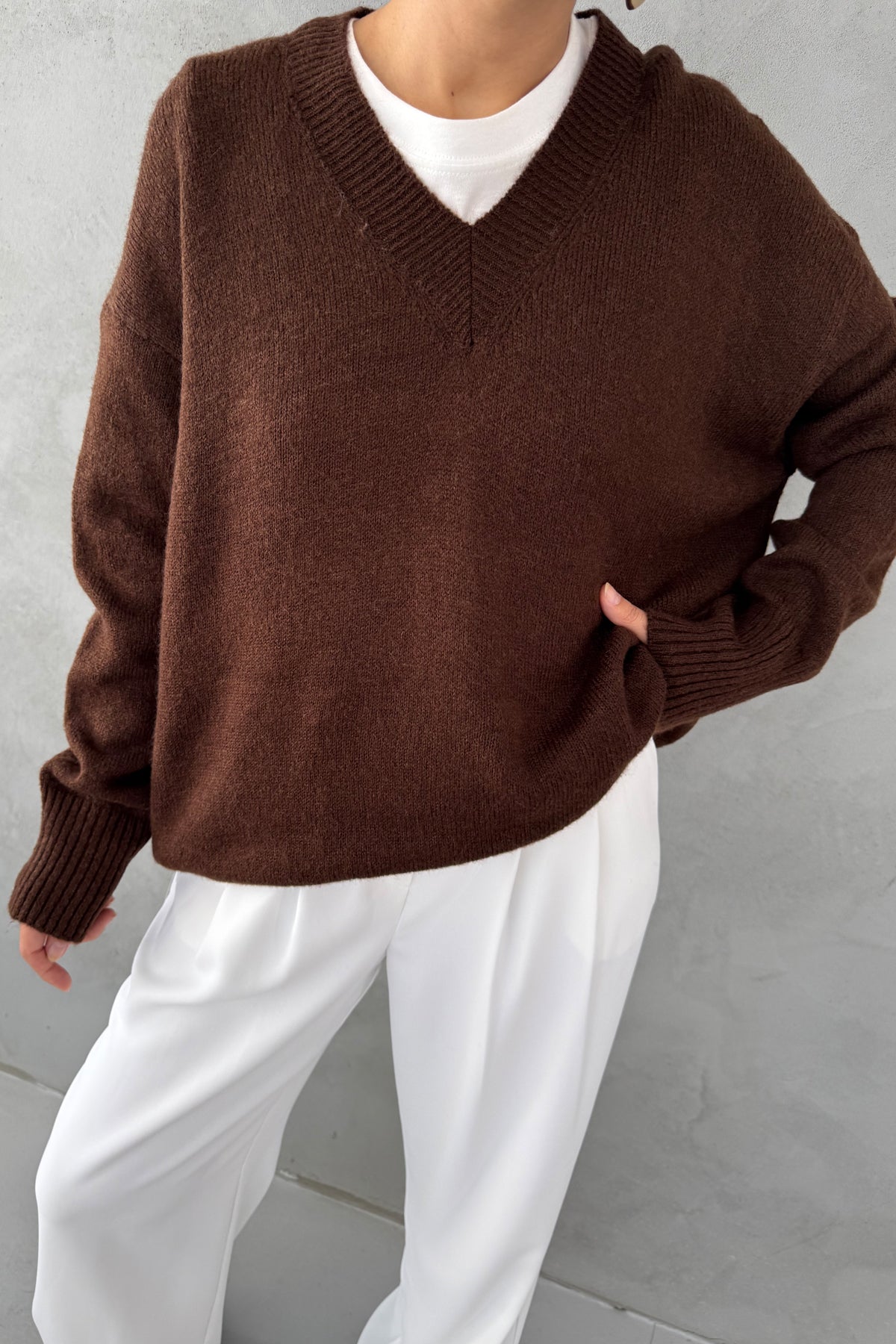 Kahve V Yaka Oversize Pinterest Triko Kazak SY-3348-Kahve