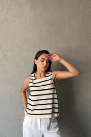 Krem Siyah Çizgili Atlet SY-2293-Krem