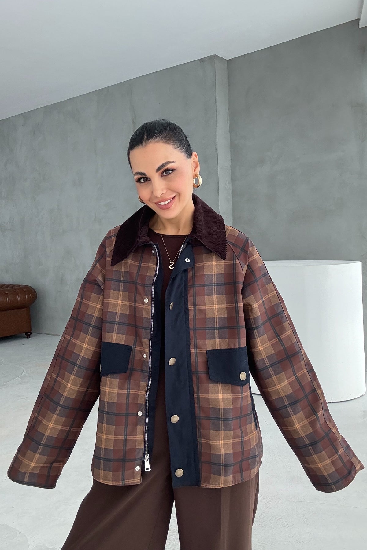 Haki Kadife Yakalı Ekose Ceket SY-3423-Haki