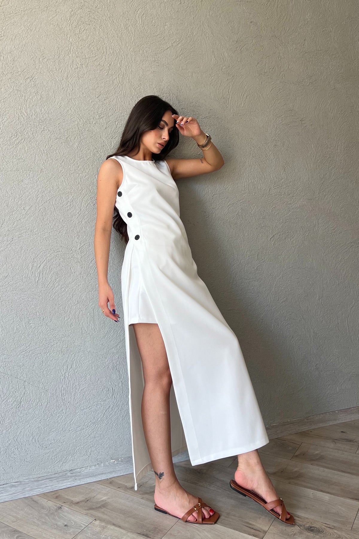 Beyaz Uzun Düğme Detaylı Elbise Şort Takım SY-2093-Beyaz