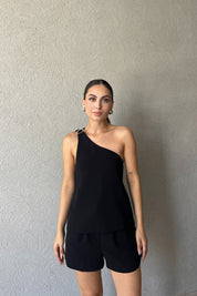 Siyah Aparat Detaylı Tek Omuz Bağlamalı Asimetrik Yelek SY-2341-Siyah