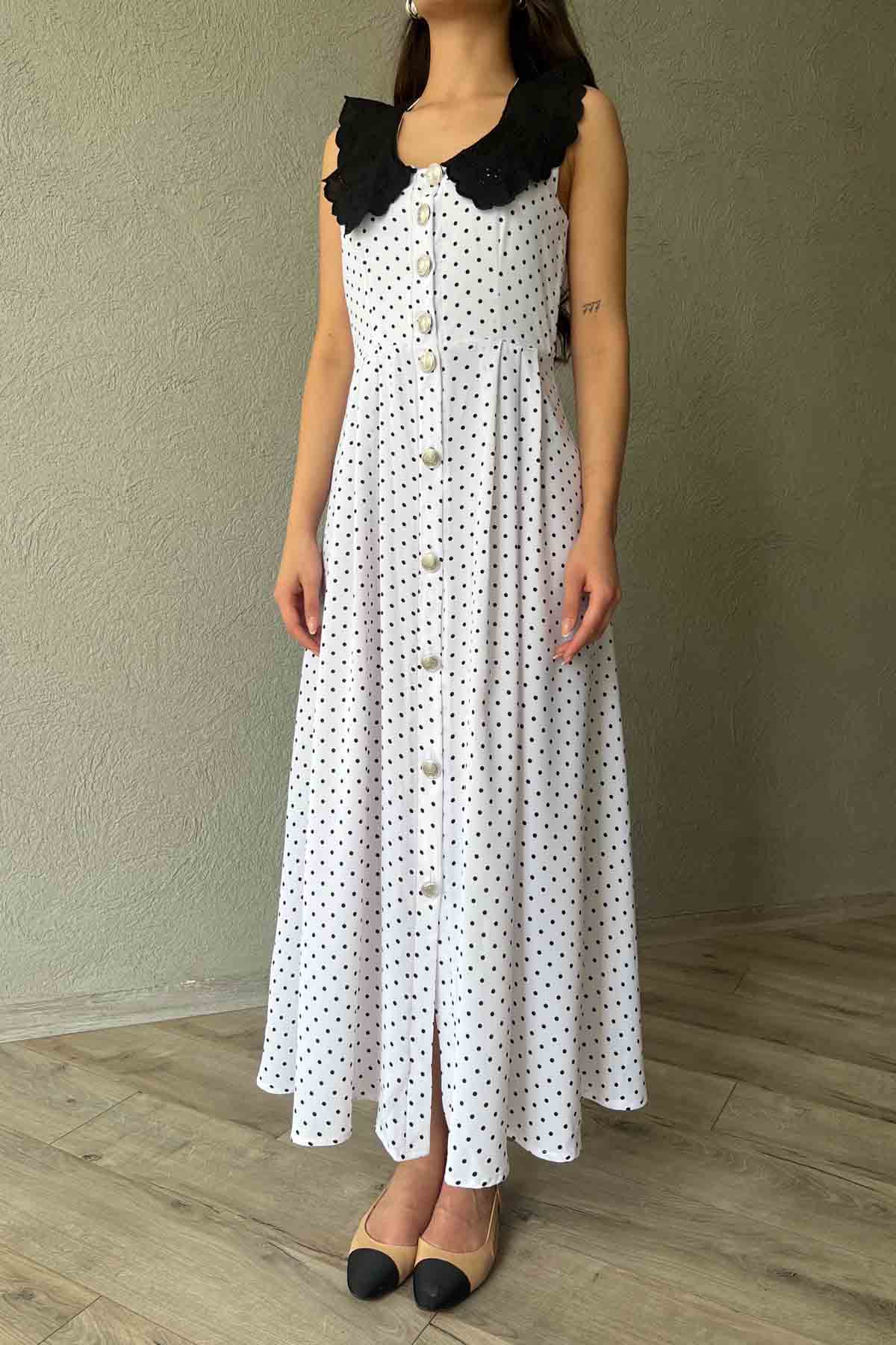 Beyaz Dantel Yaka Puantiyeli Tasarım Elbise SY-0638-Beyaz