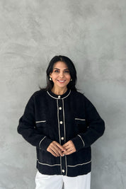 Siyah-Ekru Çizgili Cepli Simli Hırka SY-2452-Siyah