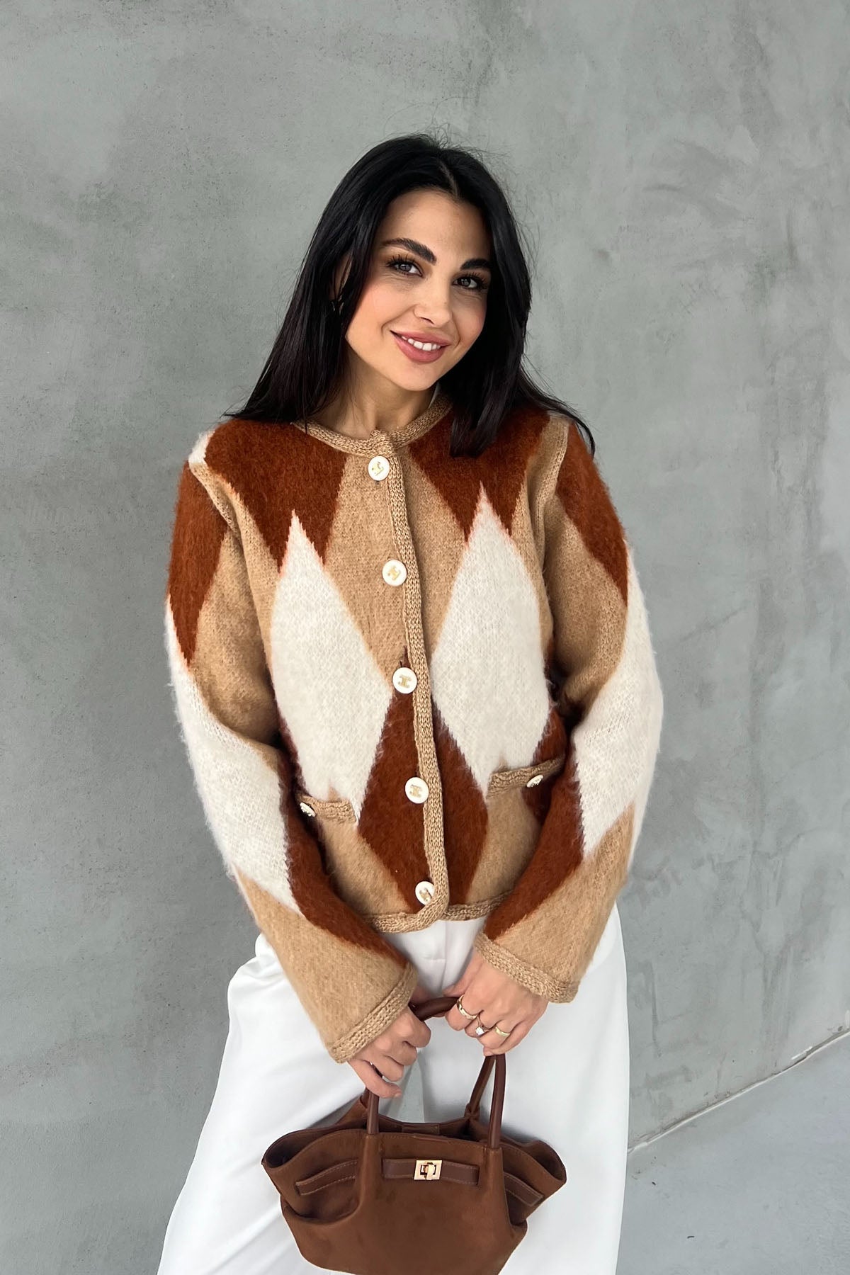 Kahverengi Geçişli Yumoş Baklava Desenli Hırka SY-2769-Kahverengi