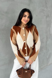 Kahverengi Geçişli Yumoş Baklava Desenli Hırka SY-2769-Kahverengi