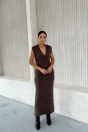 Kahverengi Düğmeli Yelek Çan Etek Triko Takım SY-2492-Kahverengi