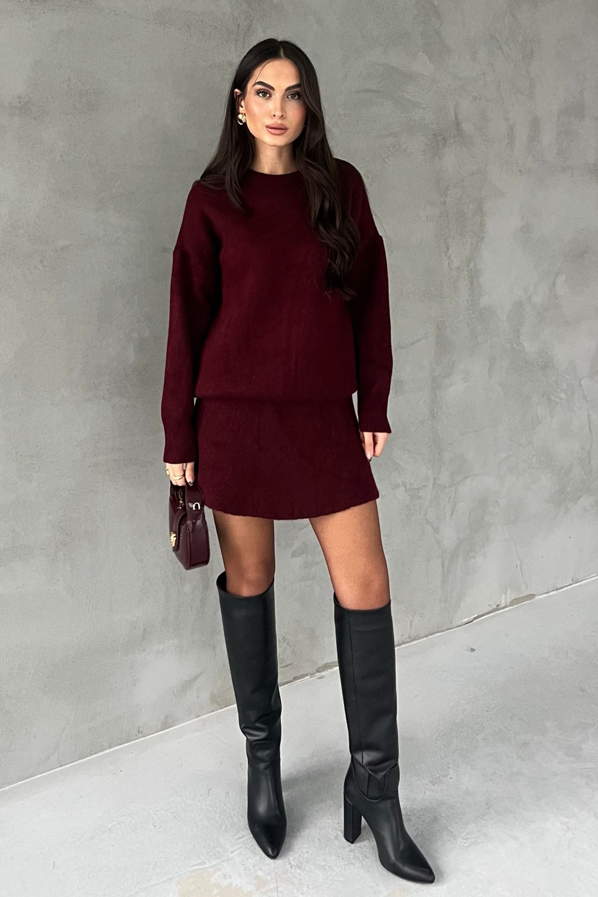 Bordo Bisiklet Yaka Mini Etek Kazak Takım SY-2811-Bordo