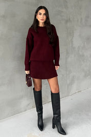 Bordo Bisiklet Yaka Mini Etek Kazak Takım SY-2811-Bordo