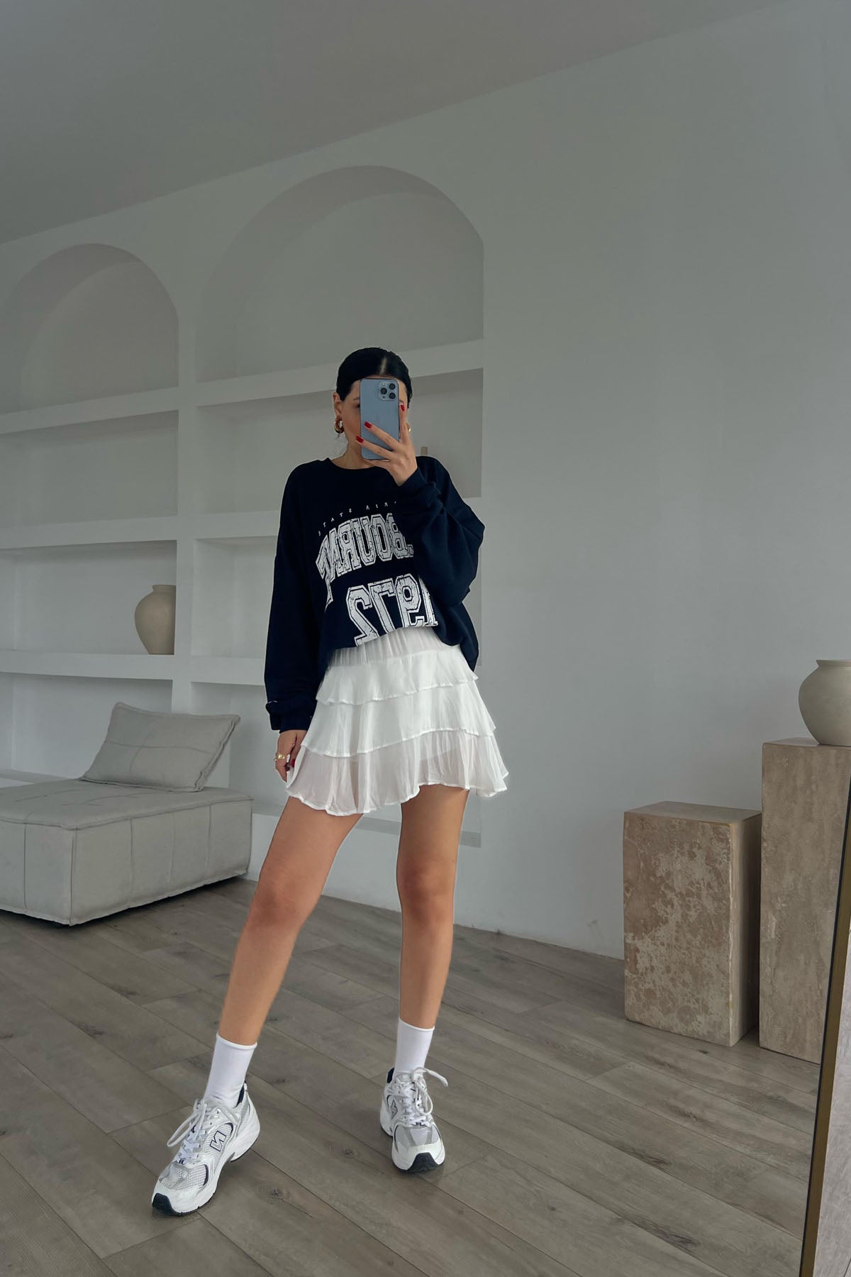 Beyaz Fırfır Detaylı Beli Lastikli Mini Etek SY-1769-Beyaz