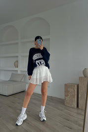 Beyaz Fırfır Detaylı Beli Lastikli Mini Etek SY-1769-Beyaz