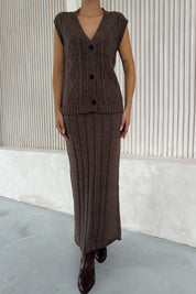 Kahverengi Düğmeli Yelek Çan Etek Triko Takım SY-2492-Kahverengi