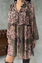 Haki Çiçek Desenli Astarlı Şifon Elbise SY-2917-Haki