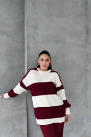 Bordo Penida Blok Renkli Oversize Kazak SY-2647-Bordo