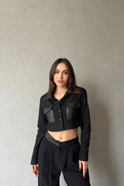 Siyah Deri Detaylı Cepli Düğmeli Crop Ceket SY-1342-Siyah