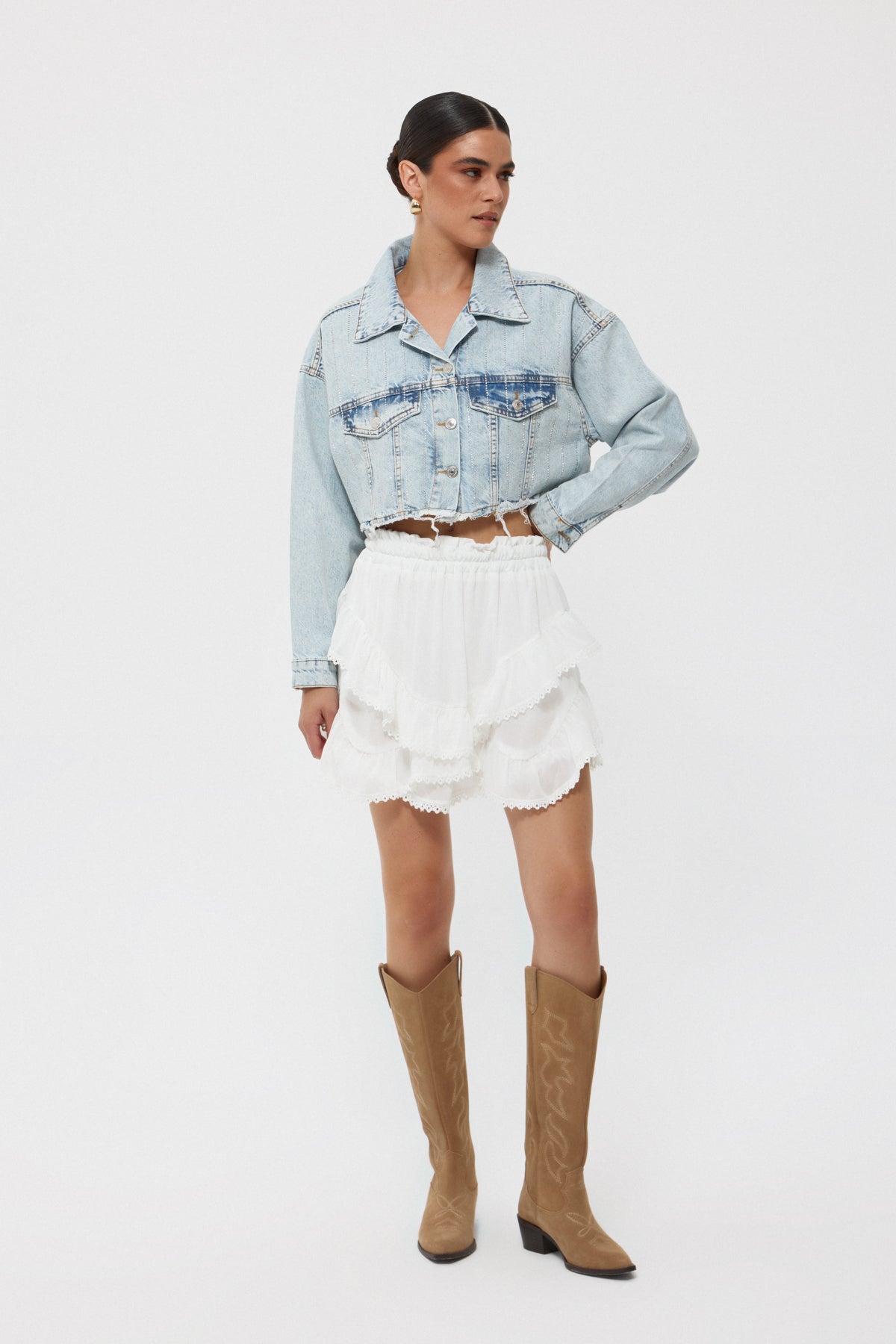 Açık Mavi Taşlı Crop Denim Ceket SY-2447-Açık Mavi