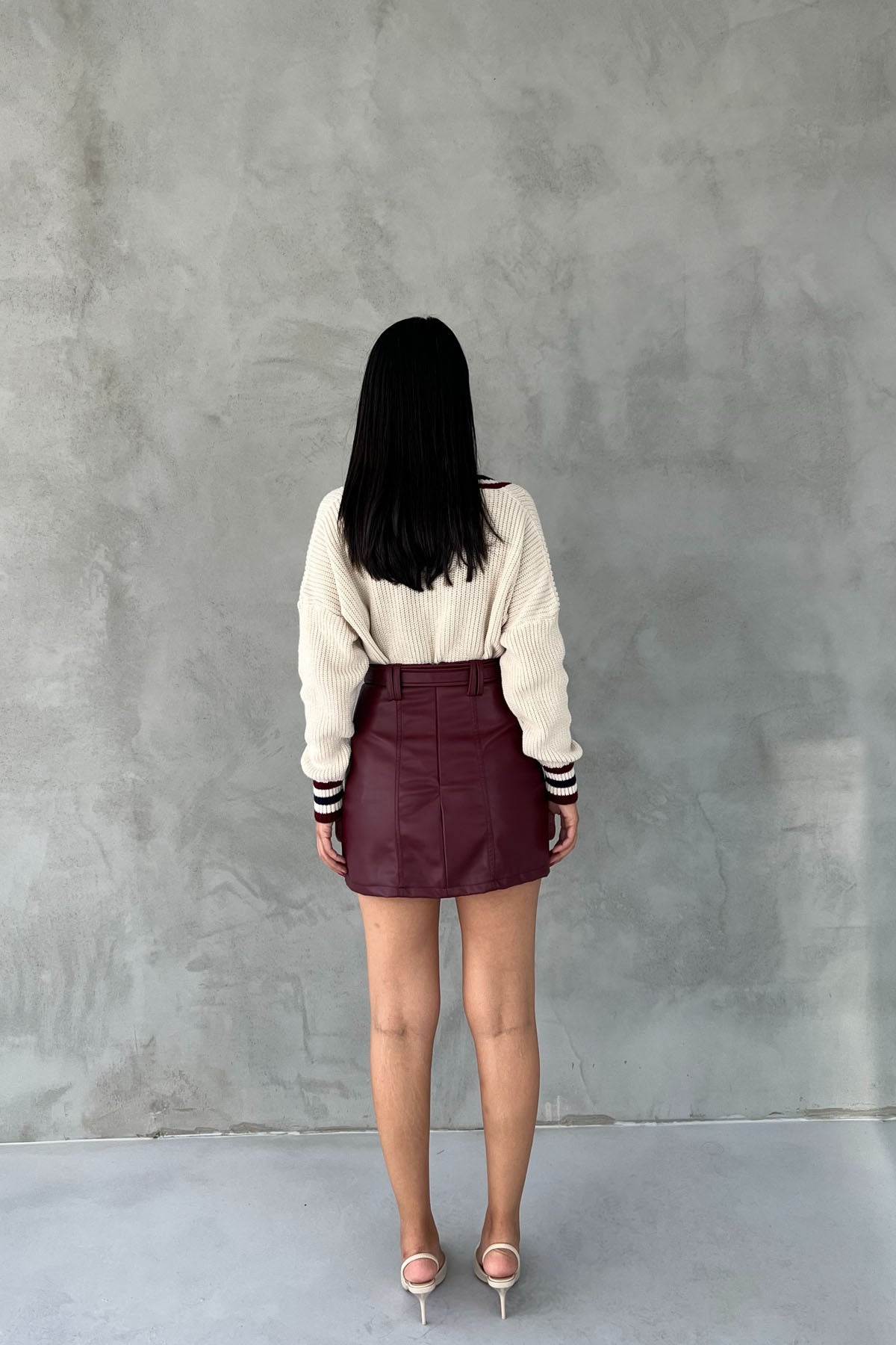 Bordo Kemerli Gizli Cep Detaylı Deri Etek SY-2485-Bordo