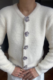 Ekru Çiçek Çıtçıtlı Yumoş Hırka SY-2836-Ekru