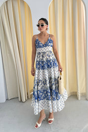 Mavi Desenli Gipeli Midi Boy Elbise SY-3305-Mavi