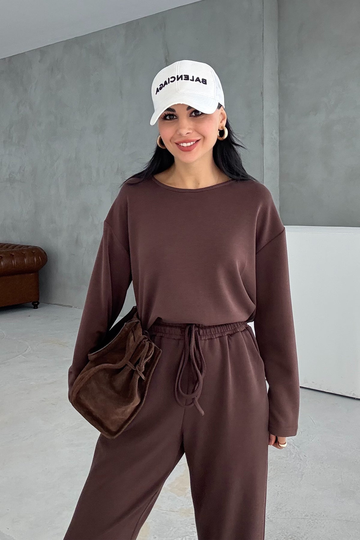 Kahve Uzun Kollu Beli Lastikli Modal Takım SY-3383-Kahve